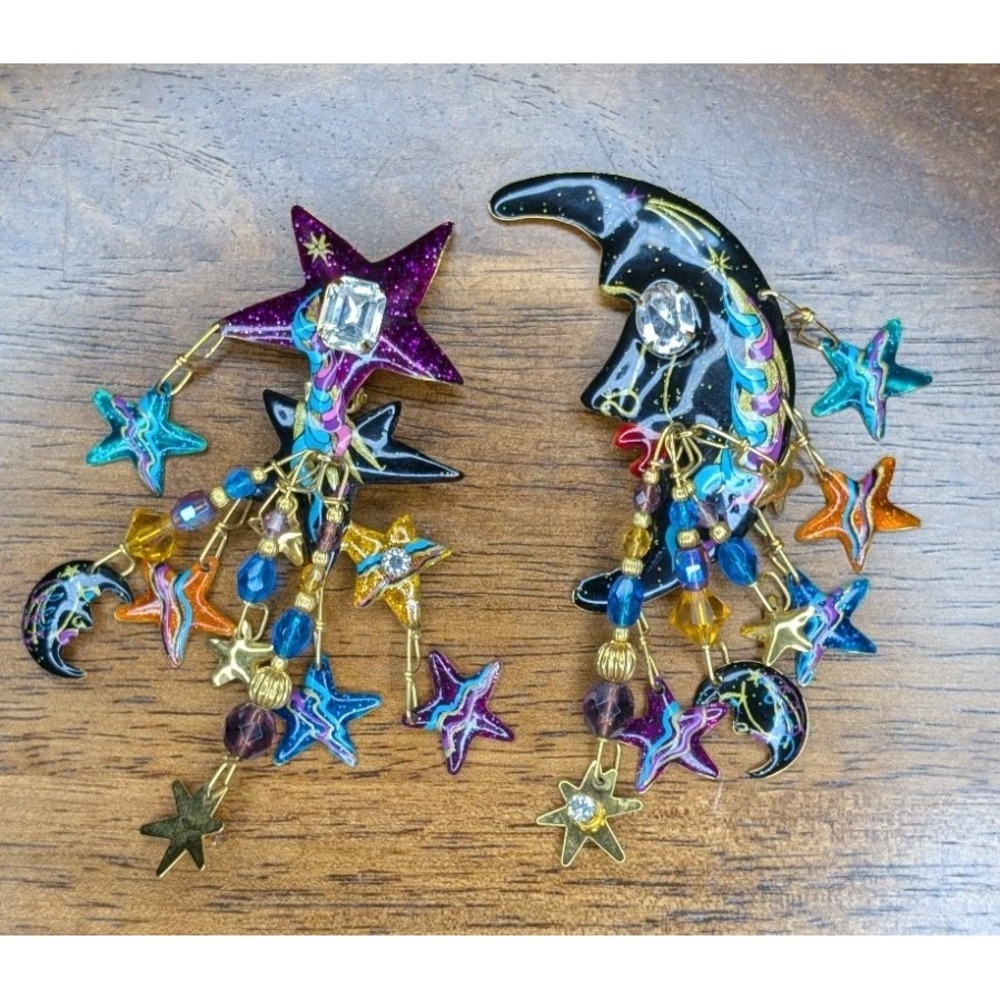 RARE Vtg Lunch at The Ritz Celestial Moon Star Dangle Clip Earrings LATR Enamel